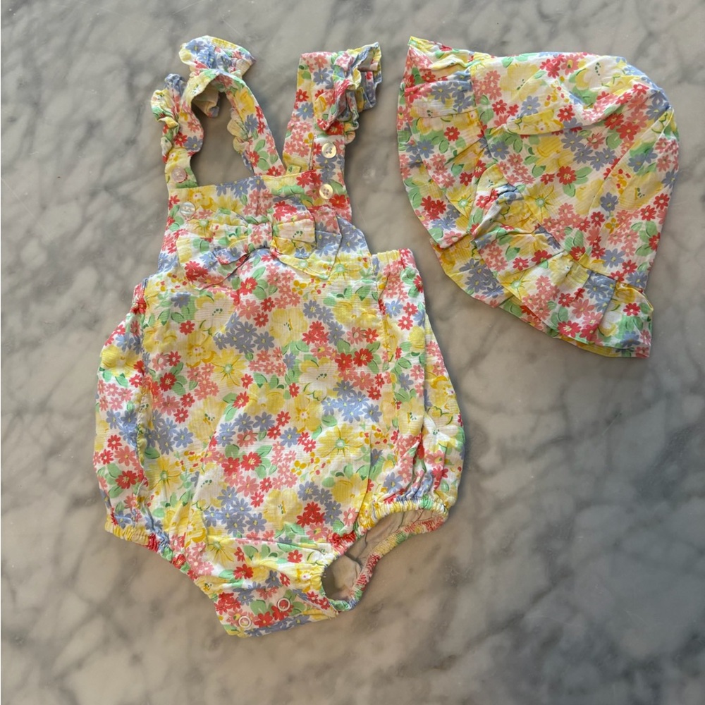 Little Me Yellow and Red One Piece and Hat Set